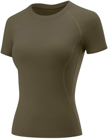 Rapbin Compression Shirt Damen Gym Tops Sport Oberteil Yoga Kurzarm Crop Top Sportshirt Leicht Fitness Oberteil mit Rundhalsausschnitt Armygrün M