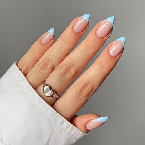 KQueenest 30 Pcs Blue French Tip False Nails Short Medium Almond, French Tip False Nails Short Stiletto, Custom Thick Acrylic Fake Nails Set Natural Nude Gel Stick on Nail for Women Daily Wear