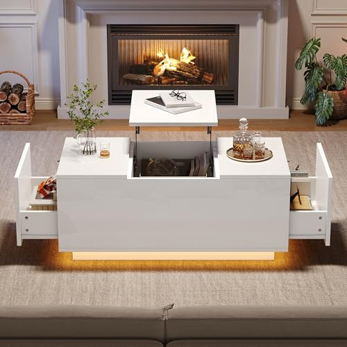 FAYICIC 95x48x40cm Couchtisch mit Hebeplatte, Lift-Top-Tisch. Wohnzimmertisch mit 2 Schubladen, Sofatisch mit LED,Multifunktionaler Lift-up-Kaffeetisch (Weiß)
