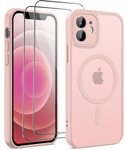 HGH für iPhone 12 Hülle für MagSafe mit 2 Schutzglas, Kalkrosa | Vollständiger Kameraschutz Stoßfest Kratzfest Anti-Fingerabdruck Transluzente Rückseite Matt Handyhülle für iPhone 12 Case
