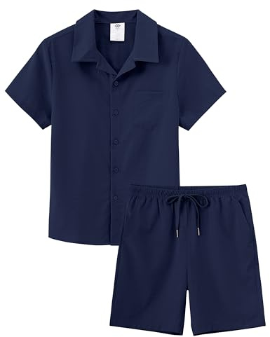 MoFiz Tuta Casual da Ginnastica Bambini e Ragazzi set di Abbigliamento da Spiaggia Completo Estivo Camicie a Maniche Corte con Bottoni e Shorts Blu navy Taglia L (152-164)