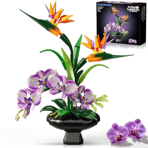PLAXSOON Orchid Flowers Building Set for Adults, Botanical Home Decor | Featuring Printed Petal Bricks, Bird of Paradise & Orchid Plant with Vase, Artificial Flower Decoration, Gift for Her Women