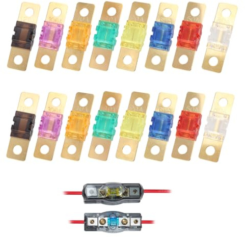 16 Piezas Fusibles Coche Kit 20A 30A 40A 50A 60A 80A 100A 120A | 32V Midi Fusible Bolt de Alta Corrientepara Autocaravana Caravanas Furgoneta Moto Sistema de Audio, Multicolor