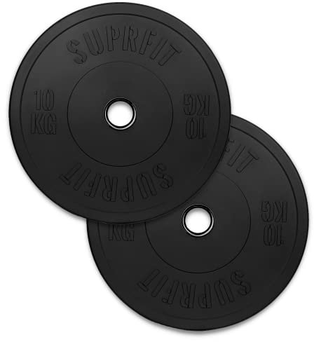 SUPRFIT - Hantelscheiben gummiert 2x10 kg - Premium Fitness Bumper Plates in Schwarz - Stoßabsorbierende Gewichtsscheiben aus Vollgummigranulat - 20 kg Hantelscheiben Ø 50mm für Langhantel Training