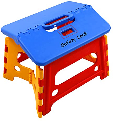Kids Folding Step Stool for Child Bathroom Sink - Safety Lock to Stable (Red + Blue)