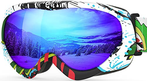 OutdoorMaster Kinder Skibrille - Helmkompatible Schneebrille für Jungen & Mädchen mit 100% UV-Schutz (Farbmuster Frame + VLT 15% Full REVO Blue Lens)