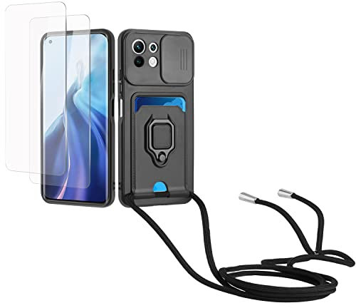 Kaslly Case für Xiaomi Mi 11 Lite 4G/5G/Mi 11 Lite 5G NE Handykette Hülle+[2 Schutzfolie Glas],Slide kameraschutz,Silikon Handyhülle zum Umhängen Kette,Kartenfach-Schwarz