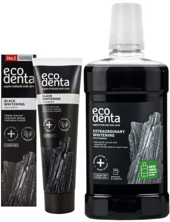 Ecodenta Black Whitening Oral Hygiene Cosmetic Set - Charcoal Toothpaste 100 ml & Mouthwash 500 ml - Activated Charcoal Teeth Whitening Kit
