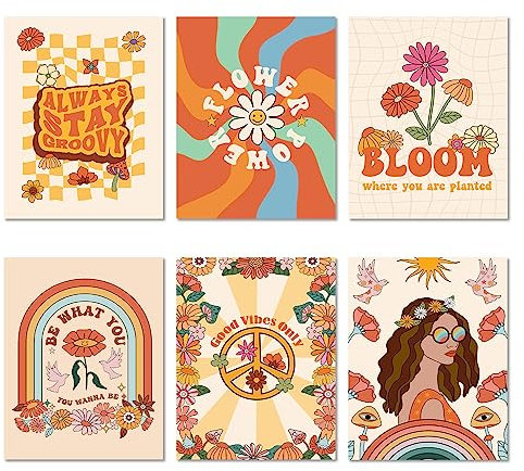 Groovy Poster und Hippie Poster für Schlafzimmer 6er Set/Retro Poster Wandkunst Druck, Retro Aesthetic Decor Hippie Blume Minimalistische Boho Retro Bilder Kunst/60er 70er Vintage Poster Groovy Room