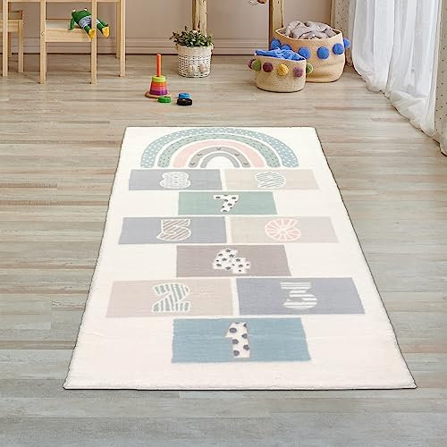Teppich-Traum Kinderzimmerteppich Spielmatte weich Hüpfspiel pflegeleicht in Creme, bunt 80 x 150 cm