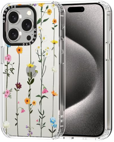 MOSNOVO Case for iPhone 15 Pro, [Buffertech 6.6ft Military-Grade Drop Protection] [Anti Peel Off Tech] Clear TPU Bumper Phone Case Cover Design - Wildflowers