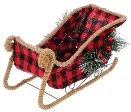 Amosfun Weihnachtsmann-Schlitten Weihnachtsdekoration Karomuster Weihnachtsschlitten Mit Kleinen Roten Beeren Tannenzapfenzweigen Für Zuhause Urlaub Tischdekoration