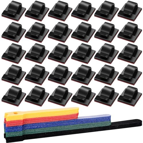 30 Reusable Cable Ties Straps & 10 Self Adhesive Cable Clips, Hook and Loop Cable Straps Cable Organiser, Cable Tidy Clips, Outdoor Light Wire Clips for Car Office Wire Cord Cable Management Clips