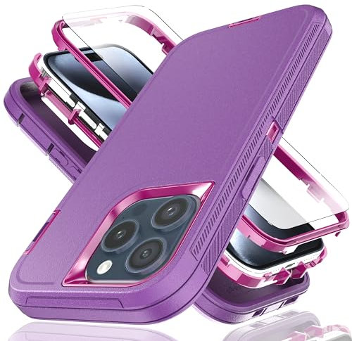YmhxcY for iPhone 15 Pro Case 6.1-Inch with Explosion-Proof Screen Protector,3 in 1 Shockproof TPU Hard PC Bumper Drop-Proof Shell for iPhone 15 Pro-Purple