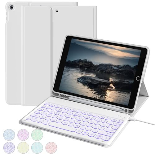 aoub Hülle mit Tastatur für iPad 9./ 8. / 7. Generation, Beleuchtete Tastatur mit Hülle für iPad 10,2 Zoll 2021/2020/2019, 7 Farben Beleuchtung, QWERTZ Layout, Grau