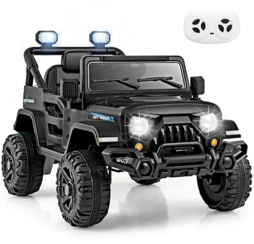 GYMAX Kids Ride on Car, 12V Battery Powered Toy with Remote Control, Lights, Music, Horn, Wireless Connection and Slow Start, Children Electric Off Road Truck for 3 Years Old+ Boys Girls (Black)