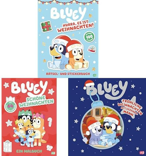 BLUEY-Weihnachtsset: BLUEY - Hurra, es ist Weihnachten! - Rätsel- und Stickerbuch + BLUEY - Schöne Weihnachten - Ein Malbuch + BLUEY - Fröhliche Weihnachten mit Veranda-Mann