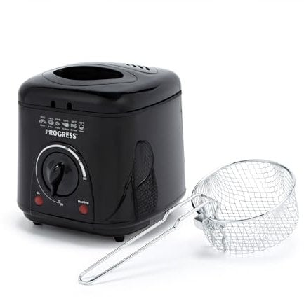Progress 1L Compact Deep Fat Fryer – Adjustable Temperature Control, Power Lights, Filter to Reduce Odours, Non-Stick Cooking Bowl, Viewing Window, Removable Basket, 950W, Black EK2969PBLK