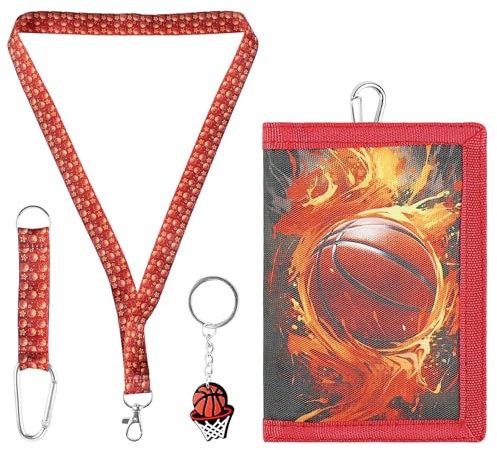 GmeDhc Kinder Geldbeutel, Portemonnaie mit Schlüsselanhänger und Halsband, Multifunktional, Basketball B Design, Rot, Polyester Faser, Unisex-Kinder
