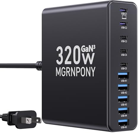 320W USB C Charger Block, 10-Port USB C Charging Station GaN III PD 65W PC Laptop Fast Charger Adapter for MacBook Pro/Air, DELL, iPad, iPhone, Samsung Galaxy Black