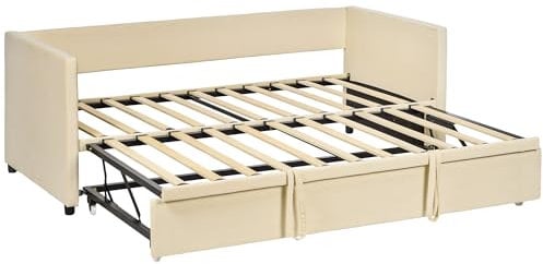 HOMCOM Cama Nido Tipo Diván 2 en 1 con Base Metálica Tapizado Suave y Cama Inferior Extraíble con Ruedas para Colchones de 90x190 cm Beige
