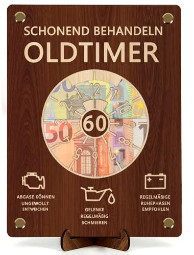 60 Geburtstag Geldgeschenke für Männer und Frauen, Clock style Holz Geburtstag 20 x 15 cm mit Ständer, 60 Geschenke Geschenkverpackung, Witzige Holz Geldgeschenke