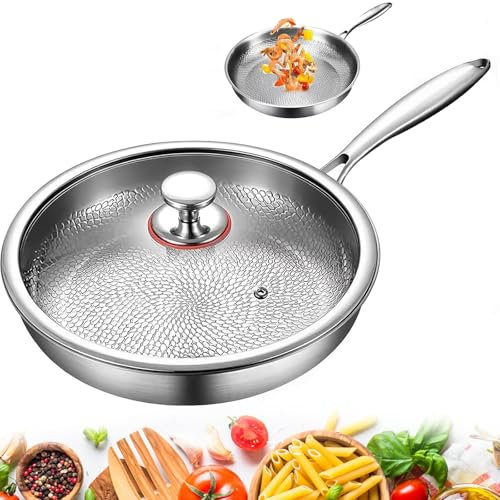 Titanium Frying Pan, Titanium Hammered Pan Pro with Lid, Diameter 10/11/12, Suitable for Induction Cookers and Gas Stoves, Scald-proof Handle, Uncoated Non-stick Pan, for Stir-frying and Frying Egg