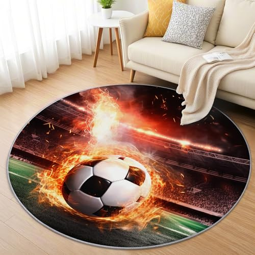 AevuCub Fußball Teppich Rund 120cm Kurzflor - Waschbare Teppiche Wohnzimmer Jungen Sportmotiv - Runder Teppich 120 Durchmesser Kinderzimmer - Bettvorleger Schlafzimmer rutschfest Weich