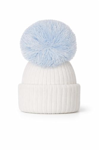 SOHOBABY™ British Made Soft Stretchy Single Frilly Pom Plain Baby Boy Baby Girl Hat (UK, Age, 0 Months, 3 Months, White/Blue)