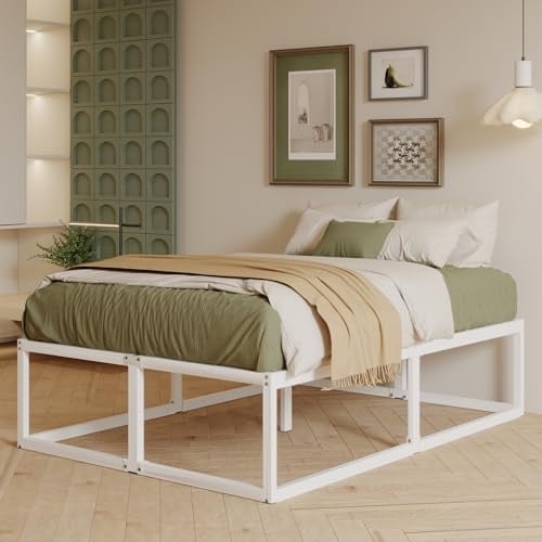 EMODA 46 cm Hohes Doppelbett 160x200 cm, Stabiles Metallbett | Mit Stahlgitterträger, Großes Stauraum unterm Bettgestell, Geräuschfrei, Einfacher Aufbau, Weiß