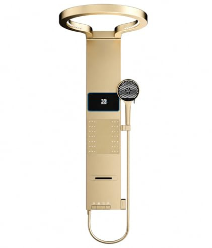 Pannello doccia termostatico a parete, sistema a 4 funzioni con display digitale, pioggia, cascata e spray portatile - Finitura in acciaio dorato