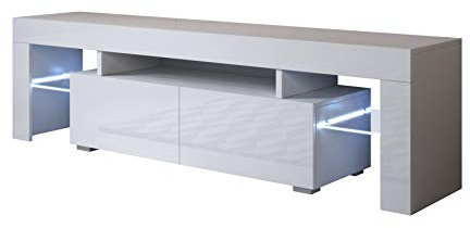 MB Muebles Bonitos, Mueble TV Unai con Luz LED para Salón Moderno, 2 Cajones con Apertura Push, Mueble de Melamina Brillo, Color Blanco, 160x45x35 cm