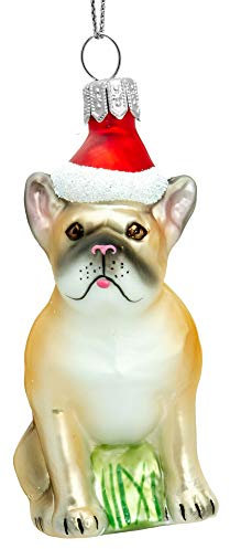 SIKORA BS720 Französische Bulldogge mit Weihnachtsmütze Christbaumschmuck Glas Figur Weihnachtsbaum Anhänger - Premium Line, Variante:beige - Fawn
