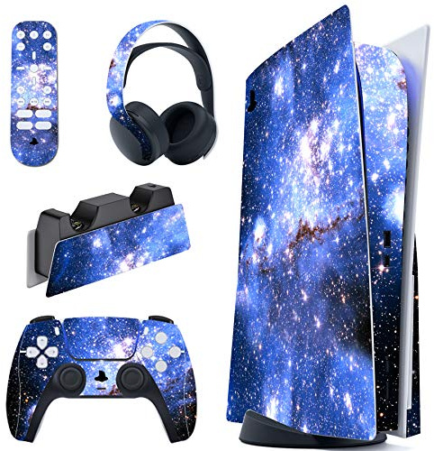 PlayVital Blue Galaxy Full Set Skin Decal for ps5 Console Disc Edition,Sticker Vinyl Decal Cover for ps5 Controller & Charging Station & Headset & Media Remote