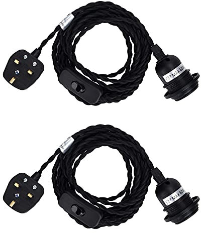 SHINY STAR Pendant Light Fitting Plug-in Haning Light Fitting in 2 Pack, Black E27 Lamp Holder KIT Accessary, 4500MM Braided Twisted Cable with ON/OFF on Line Switch HT206BPG