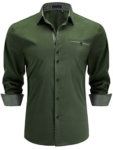 Enlision Men's Dress Shirts Long Sleeve Business Casual Shirt Regular Fit Button Up Shirts Army Green XXL