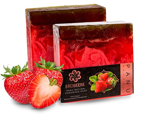 Panu Seifen Erdbeer - Vegane Duschseife für alle Hauttypen - Naturseife als festes Duschgel und festes Shampoo - Premium Soap Bar - Natürlicher Duschbrocken als festes Duschgel