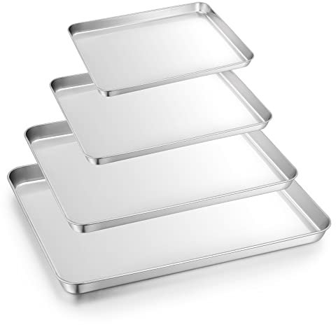 Baking Tray Set of 4, Onader Stainless Steel Oven Trays Rectangle Cookie Sheet Pan, Perfect for Baking Cooking Serving, Non Toxic & Healthy, Heavy Duty & Sturdy, Mirror Finished & Dishwasher Safe