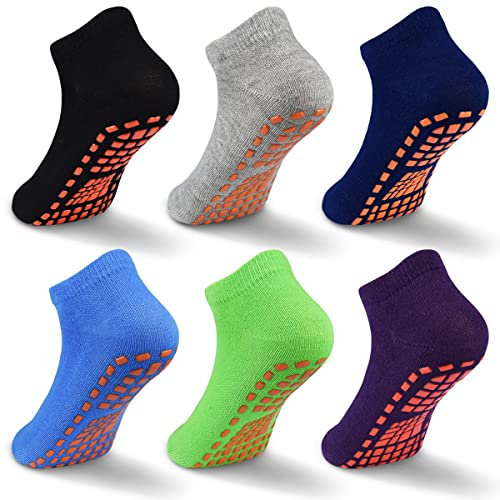 GRPSKCOS Stoppersocken Kinder Yoga Trampolin Socken Rutschfestesocken Kinder 6 Paar Innenbereich ABS Socken für Jungen Mädchen (01 Schwarz+Grau+Navy+Blau+Grün+Dunkelviolett, 6-9 Jahre)