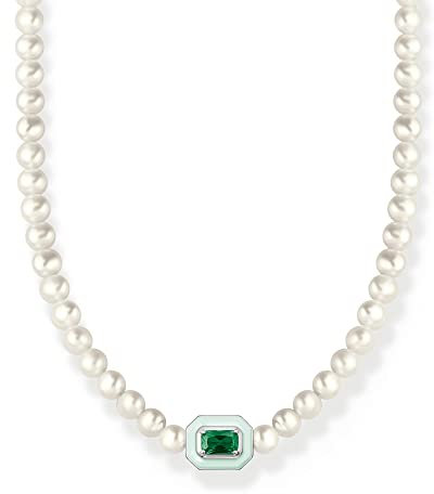 Thomas Sabo Damen Choker mit weißen Perlen und grünem Stein, aus 925er Sterlingsilber mit runden Süßwasserzuchtperlen, Länge 42cm, KE2183-082-6-L42v