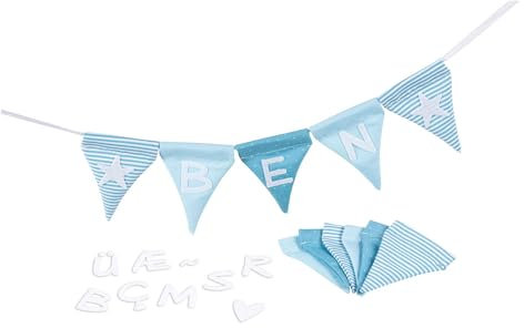 goki 60675 - Buchstabenwimpelkette blau, mit 10 Wimpeln - aus Stoff - personalisierbar - Buchstaben sind selbstklebend