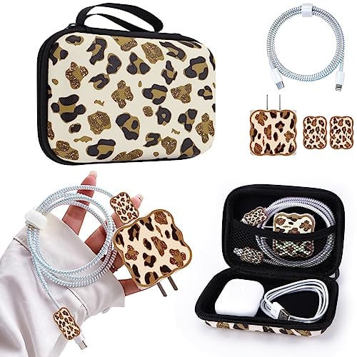 DiyGody DIY Phone Charger Cover Storage Sets USB Earphone Wire Saver Cable Organizer with Travel Storage Bag, Soft Cute Cable Protector Cord Organizer Compatible for iPhone(Leopard)