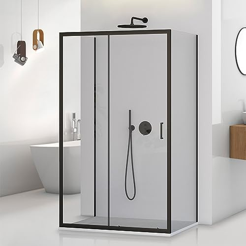 Box doccia 3 lati 80x120x80 cm nero opaco H 195 cm, porta scorrevole e 2 parete fisse con vetro trasparente e installazione reversibile, Tay