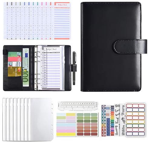 Classeur budget A6, budget planner,Avec 12 feuilles de budget et 8 poches à fermeture éclair transparentes, adaptées pour ranger de l'argent liquide, des timbres, des coupons, etc(noir)