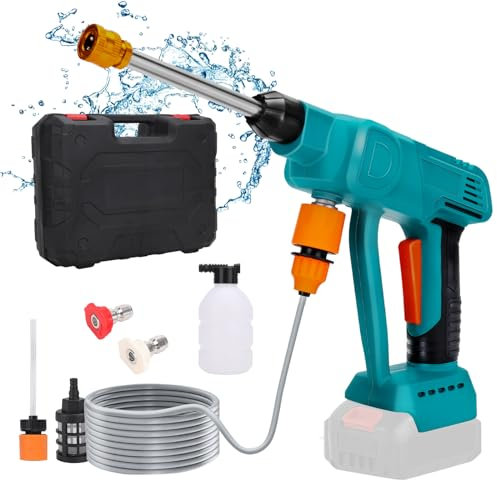 Hidrolimpiadora sin Cable, Pistola Presion Agua Portátil Compatible con Makita 18V batería, con Manguera de 5m, 2 boquillas, Filtro, Jarra de Espuma y 2 adaptadores para Coche y jardín (sin batería)