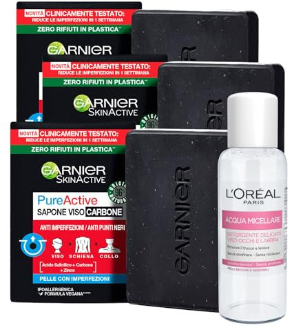 Garnier SkinActive Pure Active Seife für Gesicht, Rücken, Hals mit Holzkohle, gegen Unvollkommenheiten und Mitesser, 3 Seifen à 100 g + L'Oréal Paris Mizellarwasser, mildes Reinigungsmittel,