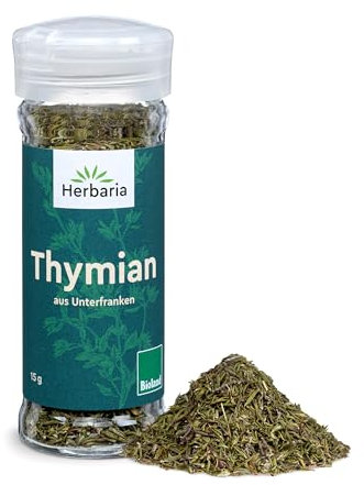 Herbaria Thymian bio 15g Streuer – Bio Thymian getrocknet und gerebelt in Bioland-Qualität – Bio-Kräuter - Bio-Gewürz – mediterrane Kräuter - Premium Bio-Qualität - im praktischen Glas-Gewürzstreuer