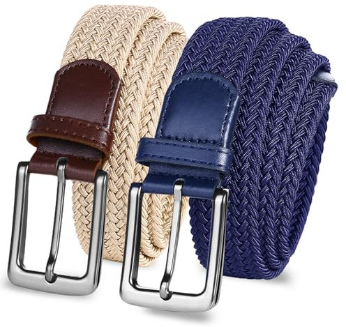LOVMEAD Elastischer Gürtel Stretchgürtel Geflochten Herren Damen Wert 1 2 Stück, Golf Stoffgürtel Flechtgürtel Dehnbarer (2 Stück-Beige+Blau, 95cm/30’’-34’’ für Taillengröße)
