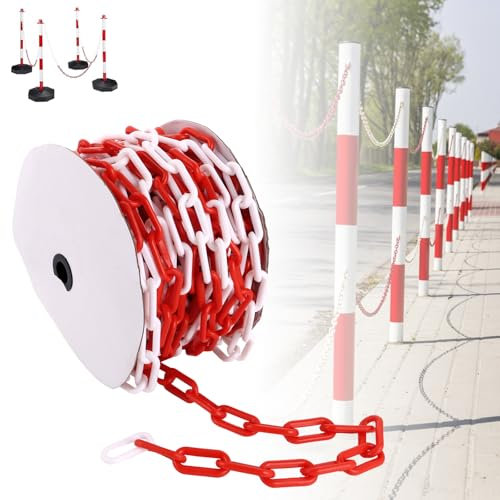 APACALI 25M Absperrkette Rot Weiß Kunststoff, 8mm Warnkette Plastikkett, Kunststoffkette zum Absperren, Kunststoff Absperrkette von Flächen, Gut Sichtbar, Stabil und Handlich