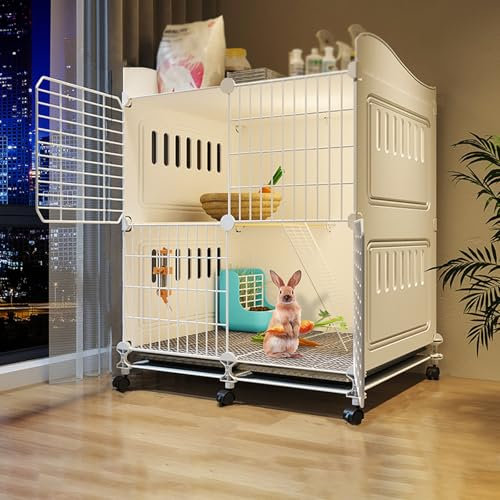Kaninchenkäfig Doppelstöckig Auf Rädern, Freilaufgehege Kaninchen mit Dach mit Abnehmbarem Tablett, Einfache Reinigung, Stabiler Kaninchenstall for Kleintiere(White)